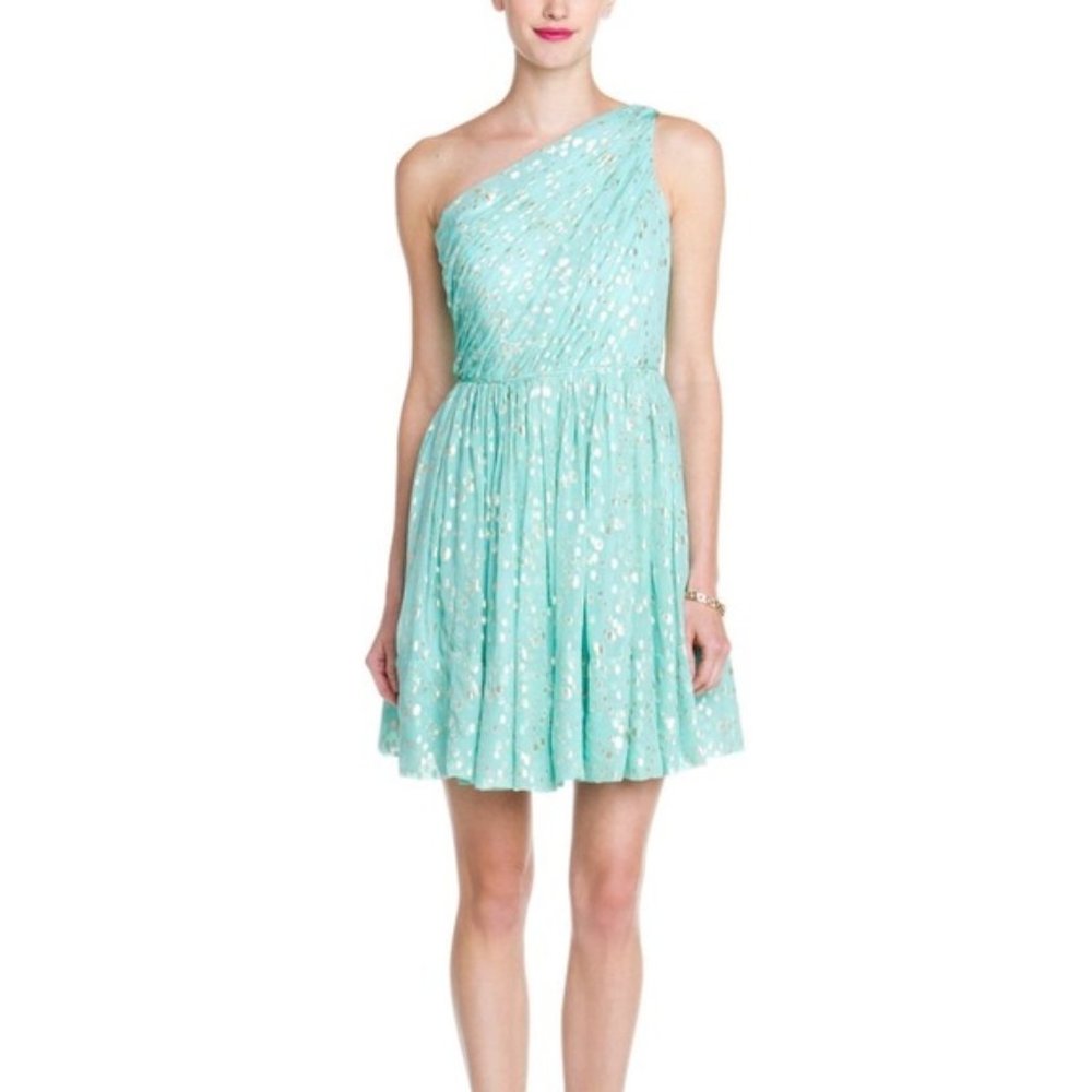 Shoshanna Aqua One Shoulder Dress with Gold Dots